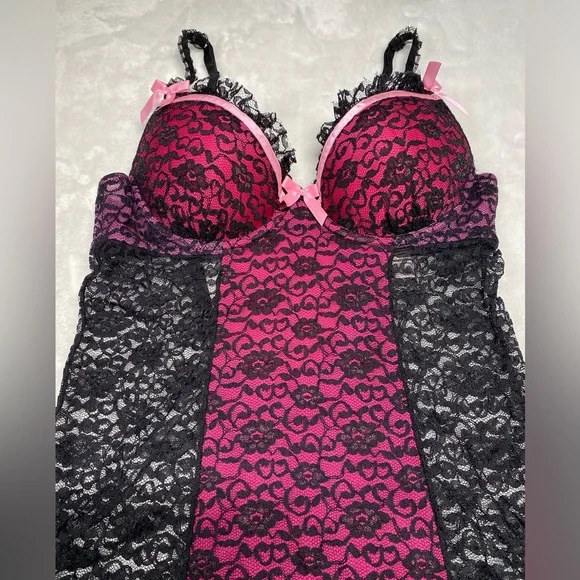 Women’s Victoria’s Secret 34B black pink lace mini babydoll - Picture 6 of 7